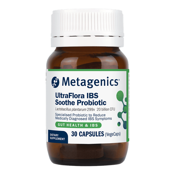 <img src='https://images.vital.ly/tr:w-350,c-at_max,dpr-2,q-100/Metagenics_UltraFlora_IBS_Soothe_Probiotic_30_Capsules.png' /> UltraFlora IBS Soothe Probiotic